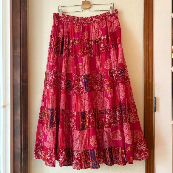 Henna Patchwork Red Maxi Skirt 100% Cotton Bohemian Hippie Flowy Floral Size L - Picture 10 of 10
